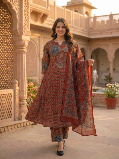 Ethnic Printed Embroidered Anarkali Kurta with Palazzo & Dupatta- Maroon