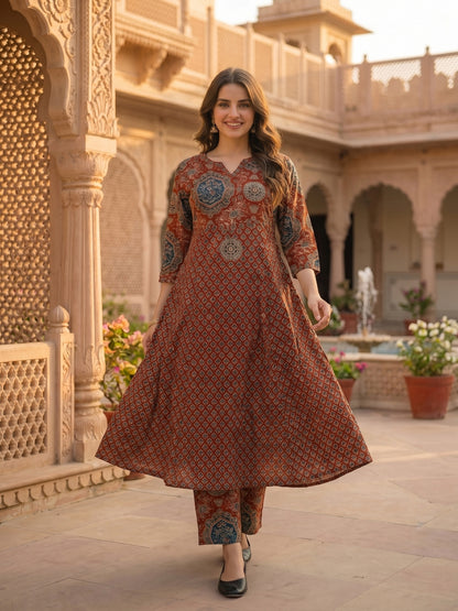 Ethnic Printed Embroidered Anarkali Kurta with Palazzo & Dupatta- Maroon