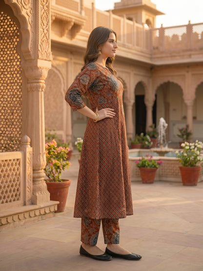 Ethnic Printed Embroidered Anarkali Kurta with Palazzo & Dupatta- Maroon