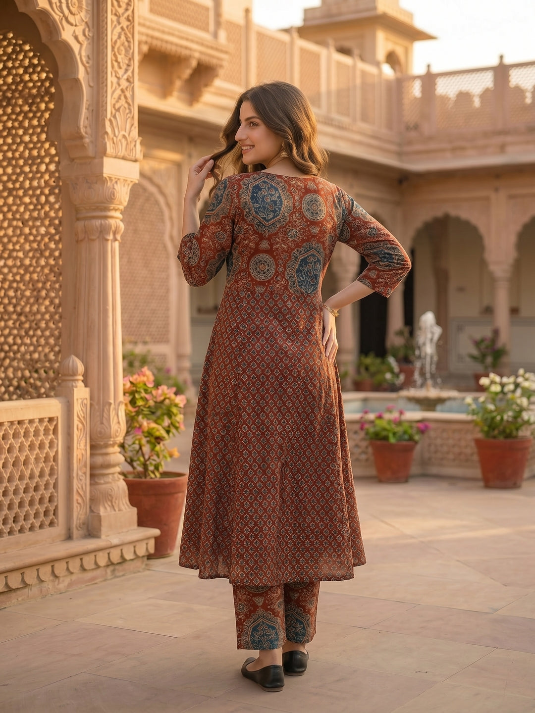 Ethnic Printed Embroidered Anarkali Kurta with Palazzo & Dupatta- Maroon