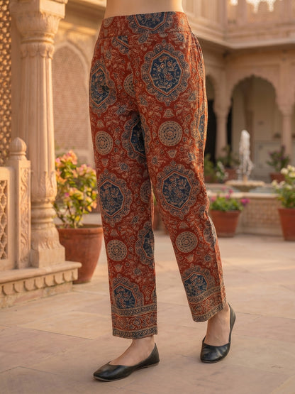 Ethnic Printed Embroidered Anarkali Kurta with Palazzo & Dupatta- Maroon