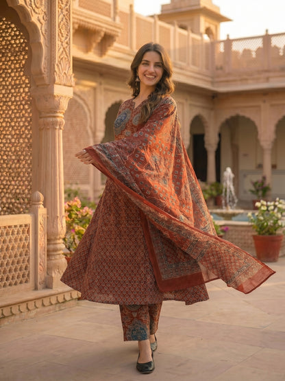 Ethnic Printed Embroidered Anarkali Kurta with Palazzo & Dupatta- Maroon