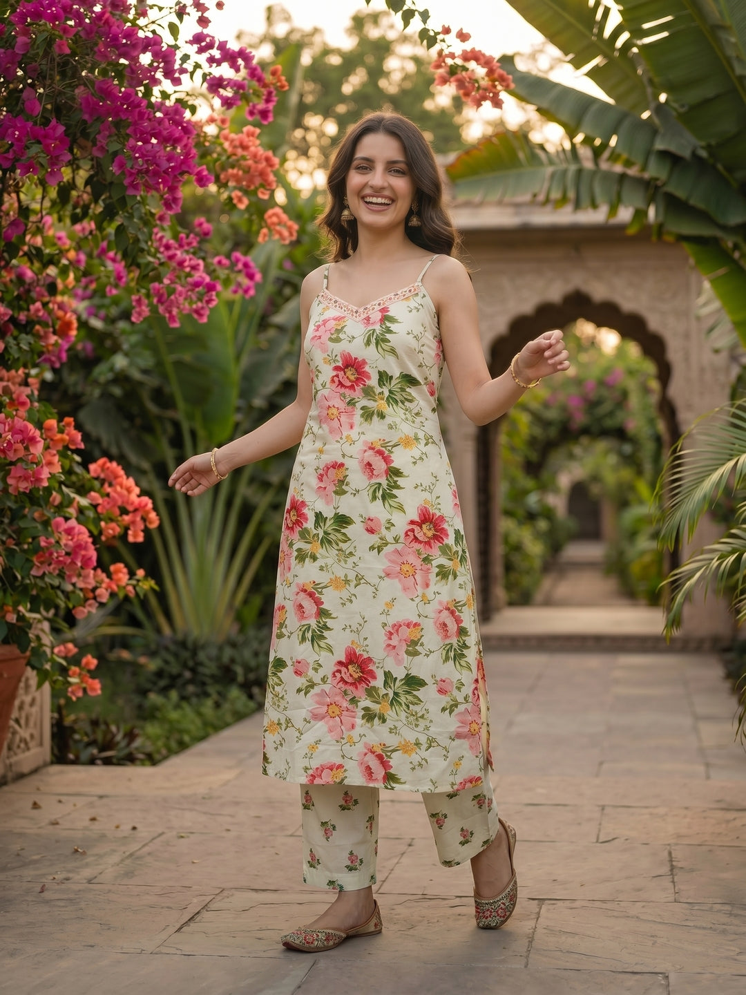 Ivory Floral Printed Sleeveless Kurta Set with Straight Pant & Dupatta