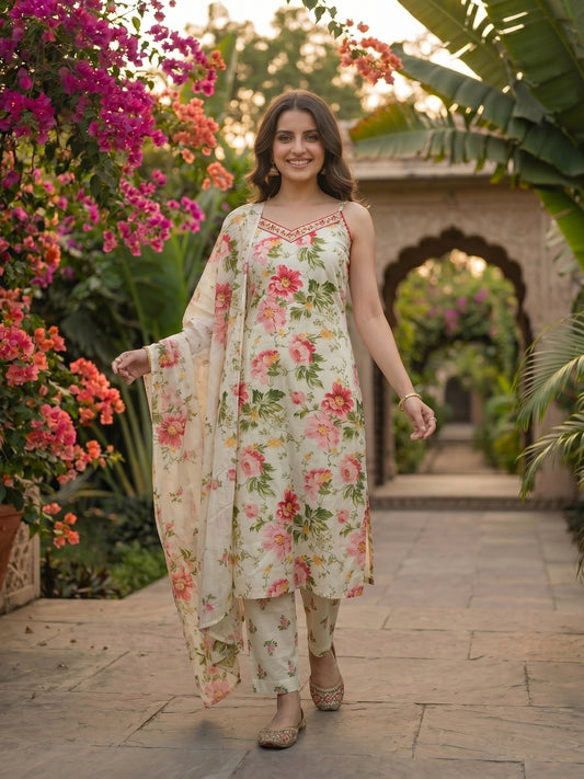 Ivory Floral Printed Sleeveless Kurta Set with Straight Pant & Dupatta