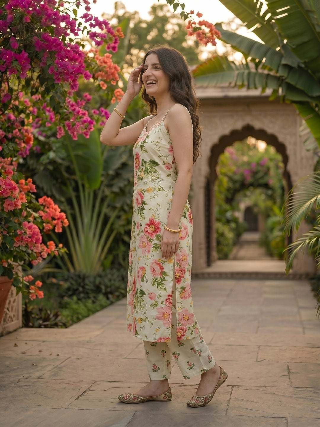 Ivory Floral Printed Sleeveless Kurta Set with Straight Pant & Dupatta