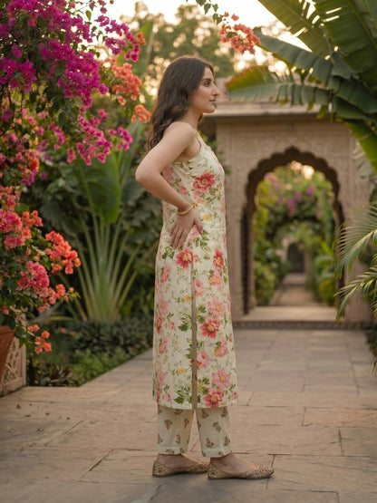 Ivory Floral Printed Sleeveless Kurta Set with Straight Pant & Dupatta
