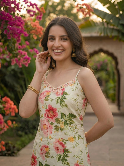 Ivory Floral Printed Sleeveless Kurta Set with Straight Pant & Dupatta