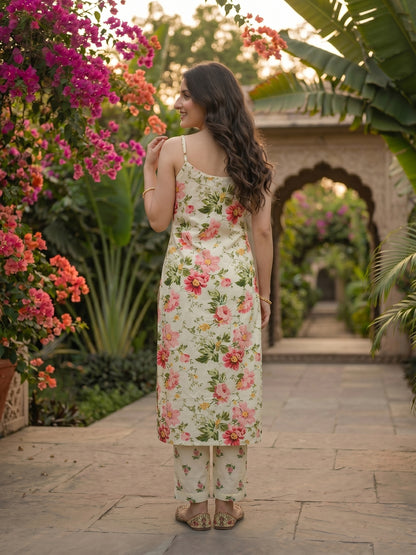 Ivory Floral Printed Sleeveless Kurta Set with Straight Pant & Dupatta