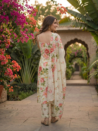 Ivory Floral Printed Sleeveless Kurta Set with Straight Pant & Dupatta