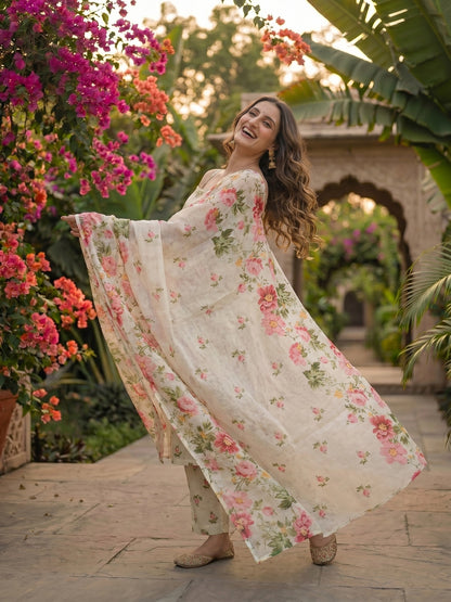 Ivory Floral Printed Sleeveless Kurta Set with Straight Pant & Dupatta