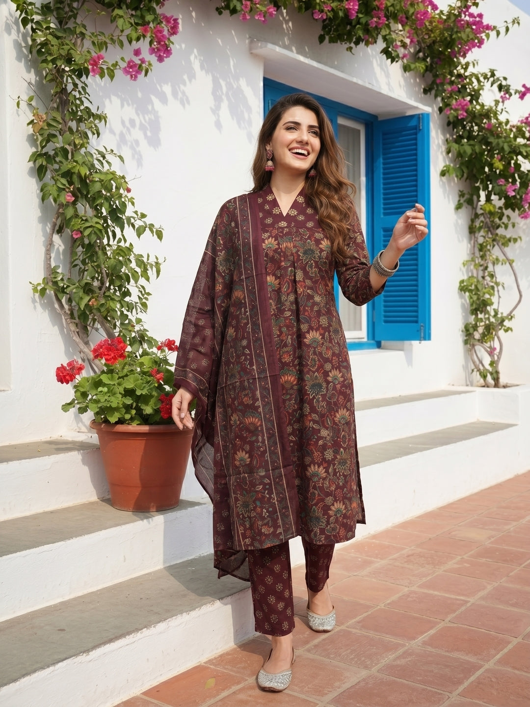 Ethnic Floral Printed Straight Kurta with Palazzo and Dupatta- Burgundy