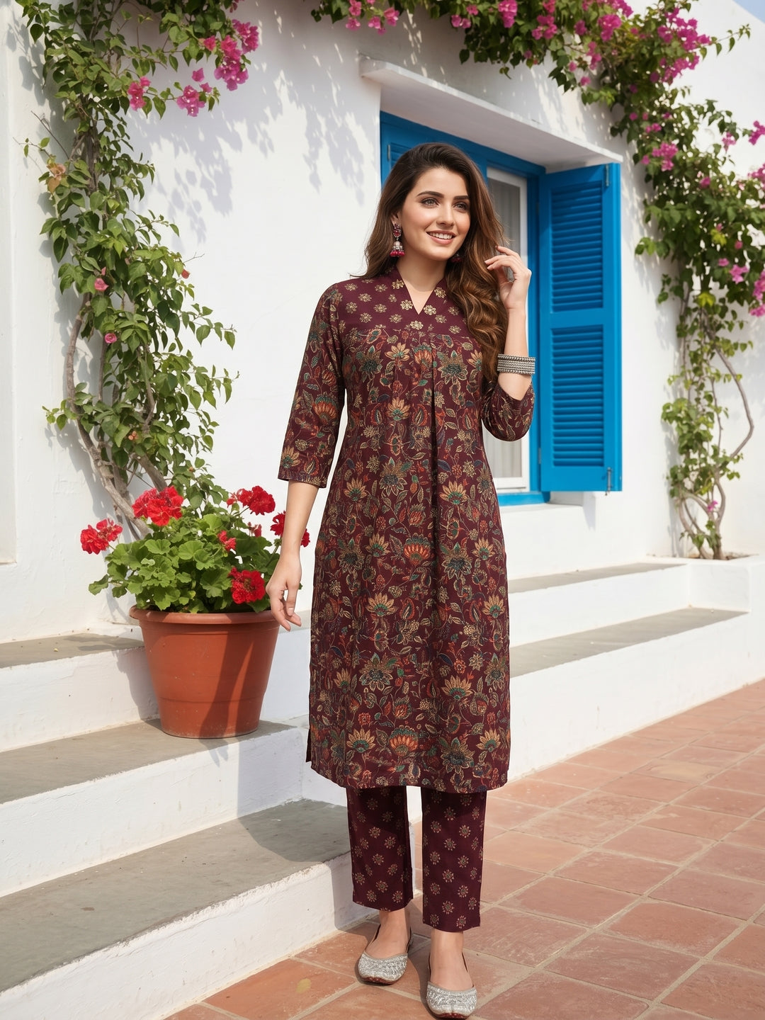 Ethnic Floral Printed Straight Kurta with Palazzo and Dupatta- Burgundy