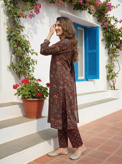 Ethnic Floral Printed Straight Kurta with Palazzo and Dupatta- Burgundy