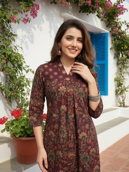 Ethnic Floral Printed Straight Kurta with Palazzo and Dupatta- Burgundy
