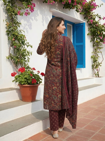 Ethnic Floral Printed Straight Kurta with Palazzo and Dupatta- Burgundy