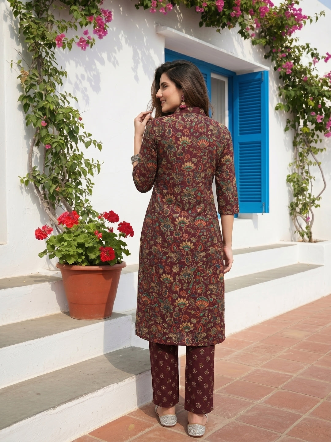 Ethnic Floral Printed Straight Kurta with Palazzo and Dupatta- Burgundy