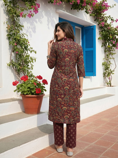 Ethnic Floral Printed Straight Kurta with Palazzo and Dupatta- Burgundy