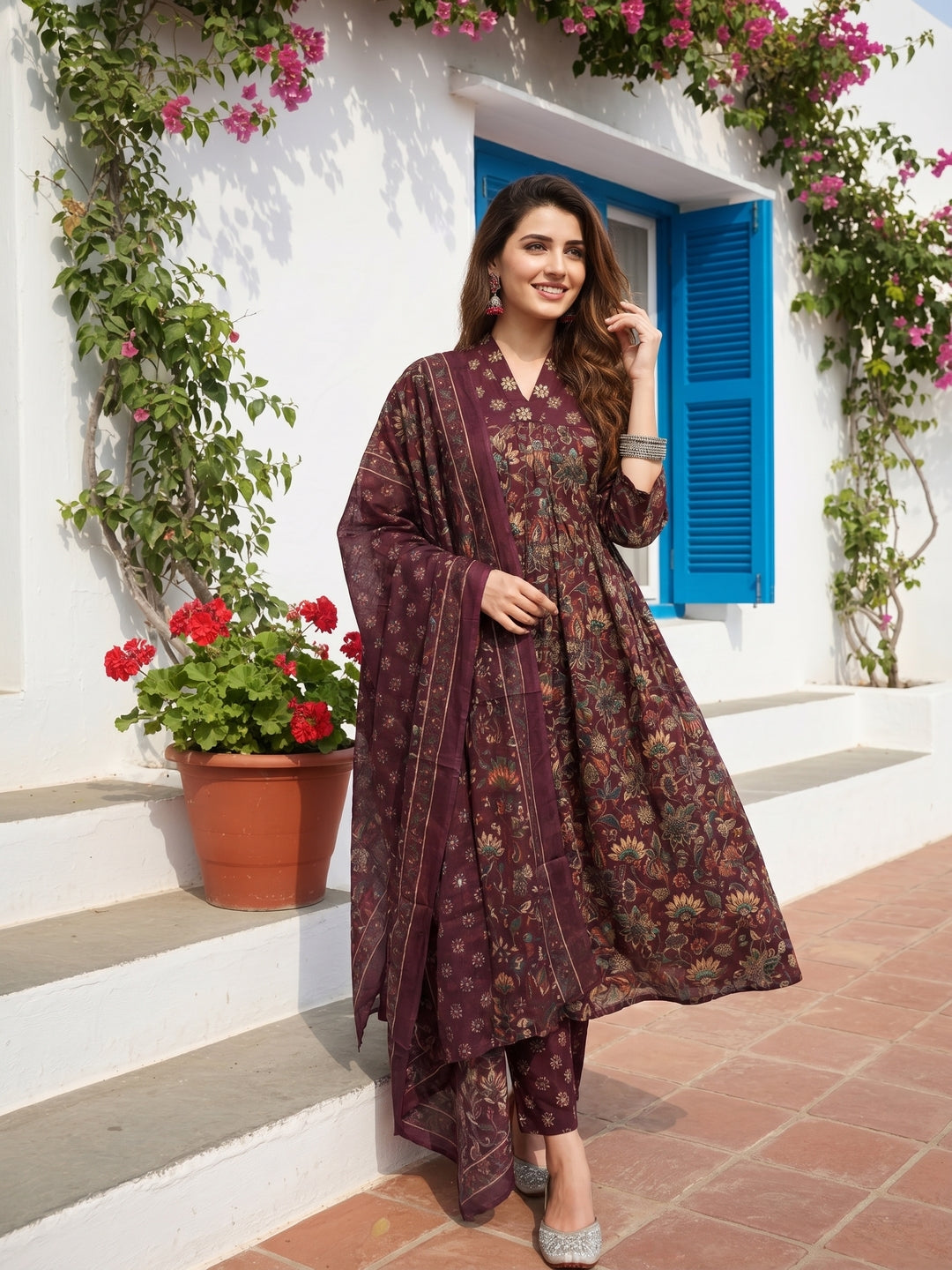 Ethnic Floral Printed Straight Kurta with Palazzo and Dupatta- Burgundy
