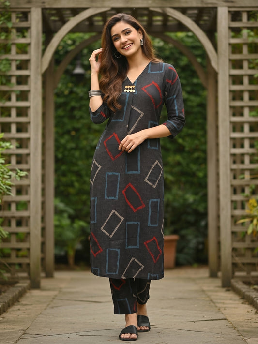Black Geometric Abstract Printed A-Line Kurta Co-ord Set