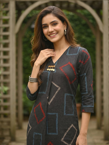 Black Geometric Abstract Printed A-Line Kurta Co-ord Set