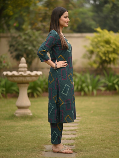 Teal Green Geometric Abstract Printed A-Line Kurta Co-ord Set
