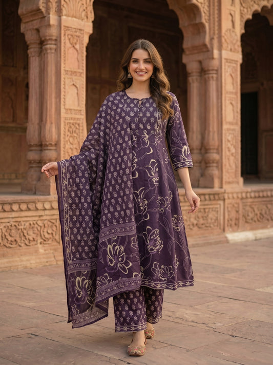 Dark Purple Ethnic Embroidered Anarkali Kurta with Palazzo & Printed Dupatta