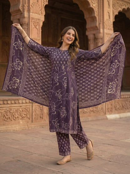 Dark Purple Ethnic Embroidered Anarkali Kurta with Palazzo & Printed Dupatta