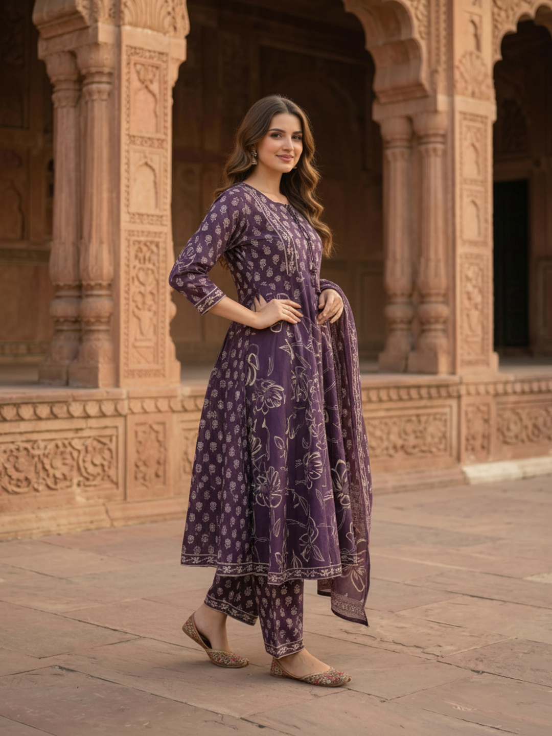 Dark Purple Ethnic Embroidered Anarkali Kurta with Palazzo & Printed Dupatta