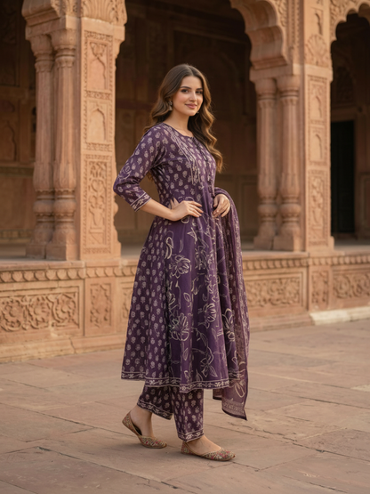 Dark Purple Ethnic Embroidered Anarkali Kurta with Palazzo & Printed Dupatta
