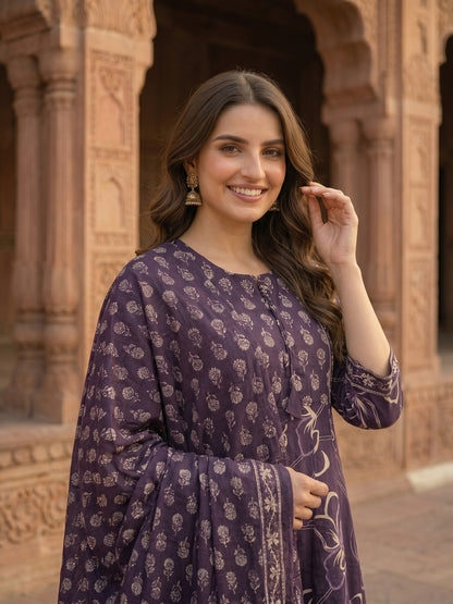 Dark Purple Ethnic Embroidered Anarkali Kurta with Palazzo & Printed Dupatta