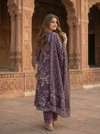 Dark Purple Ethnic Embroidered Anarkali Kurta with Palazzo & Printed Dupatta