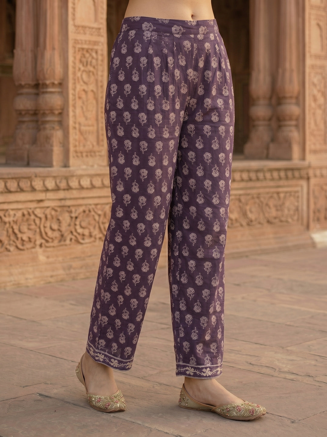 Dark Purple Ethnic Embroidered Anarkali Kurta with Palazzo & Printed Dupatta
