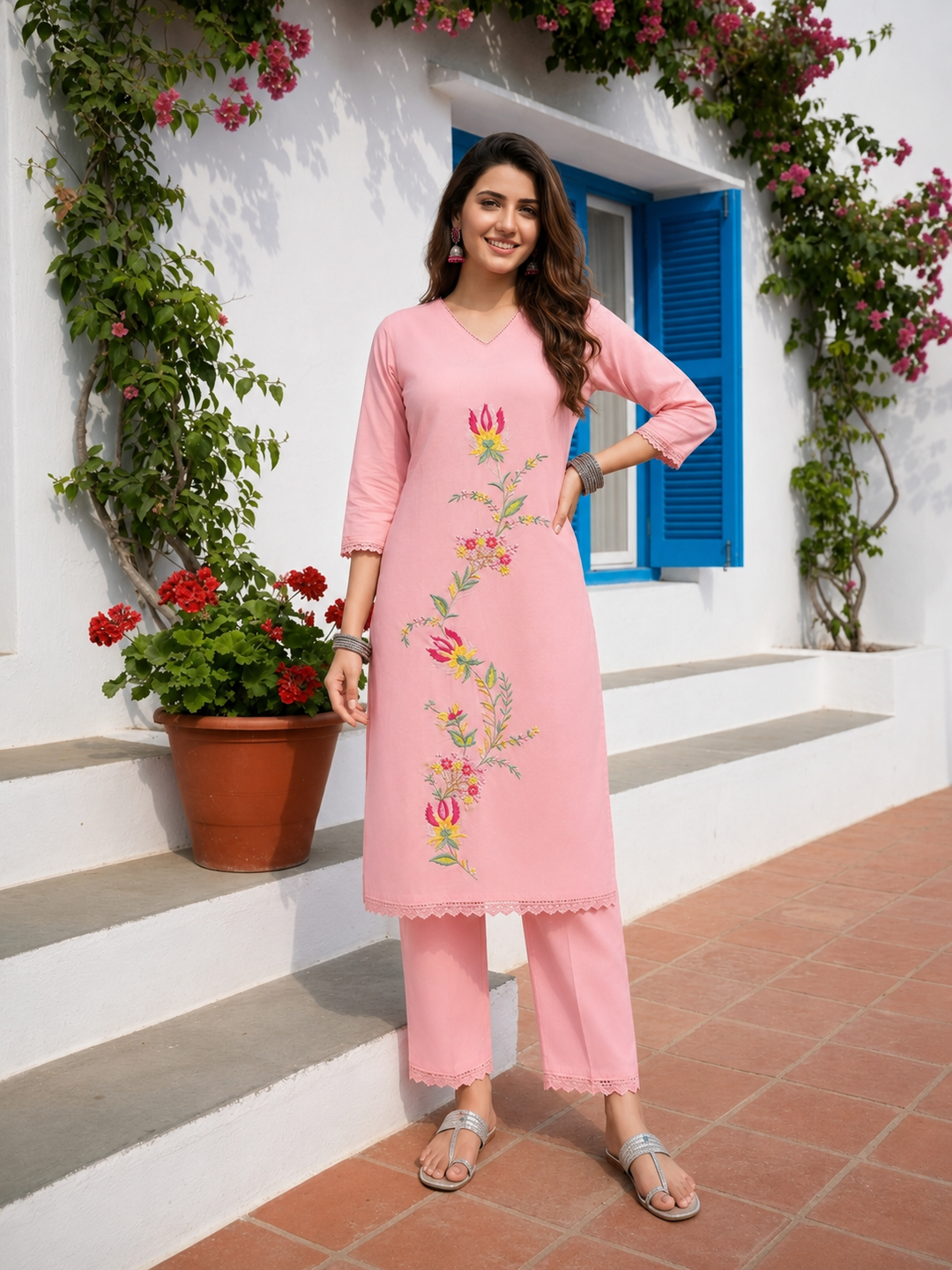 Pink Solid Floral Embroidered Straight Kurta with Palazzo & Dupatta