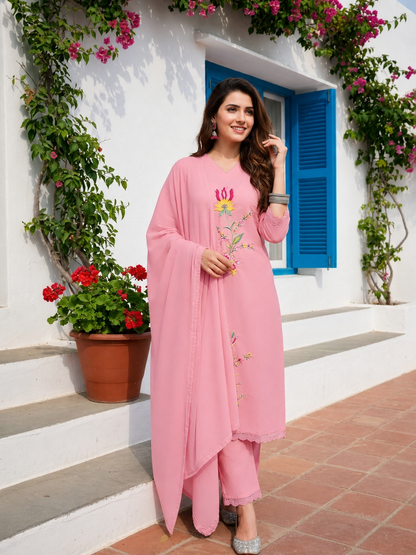 Pink Solid Floral Embroidered Straight Kurta with Palazzo & Dupatta