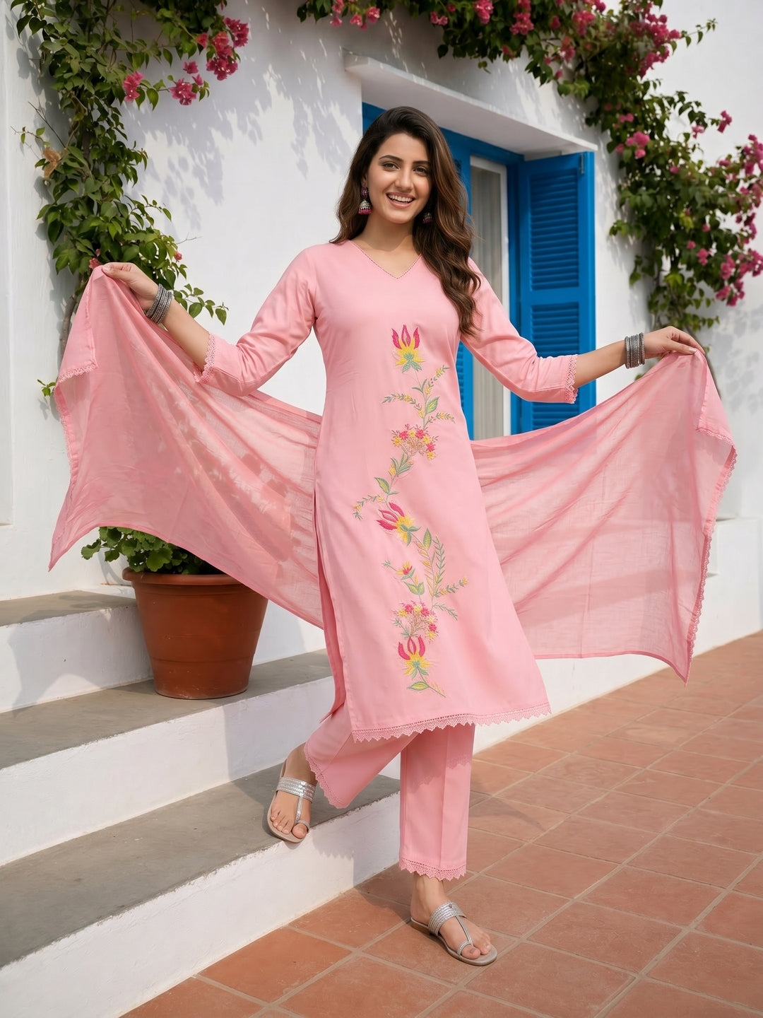 Pink Solid Floral Embroidered Straight Kurta with Palazzo & Dupatta