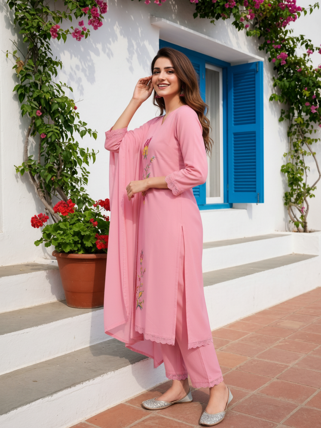 Pink Solid Floral Embroidered Straight Kurta with Palazzo & Dupatta