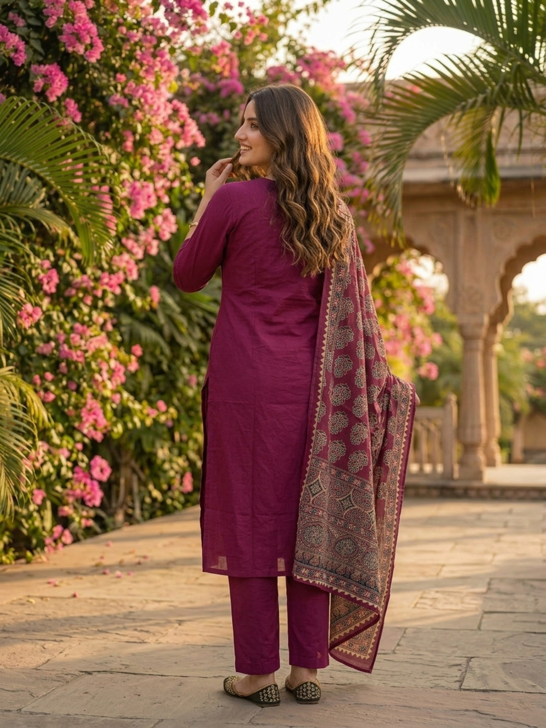 Magenta Ethnic Embroidered Solid Straight Kurta with Pant & Printed Dupatta