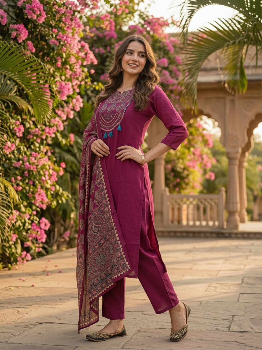 Magenta Ethnic Embroidered Solid Straight Kurta with Pant & Printed Dupatta