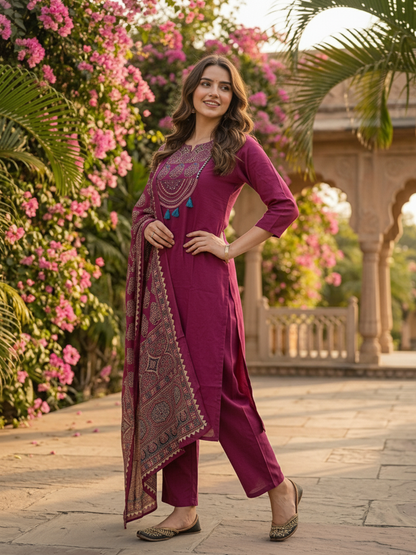 Magenta Ethnic Embroidered Solid Straight Kurta with Pant & Printed Dupatta