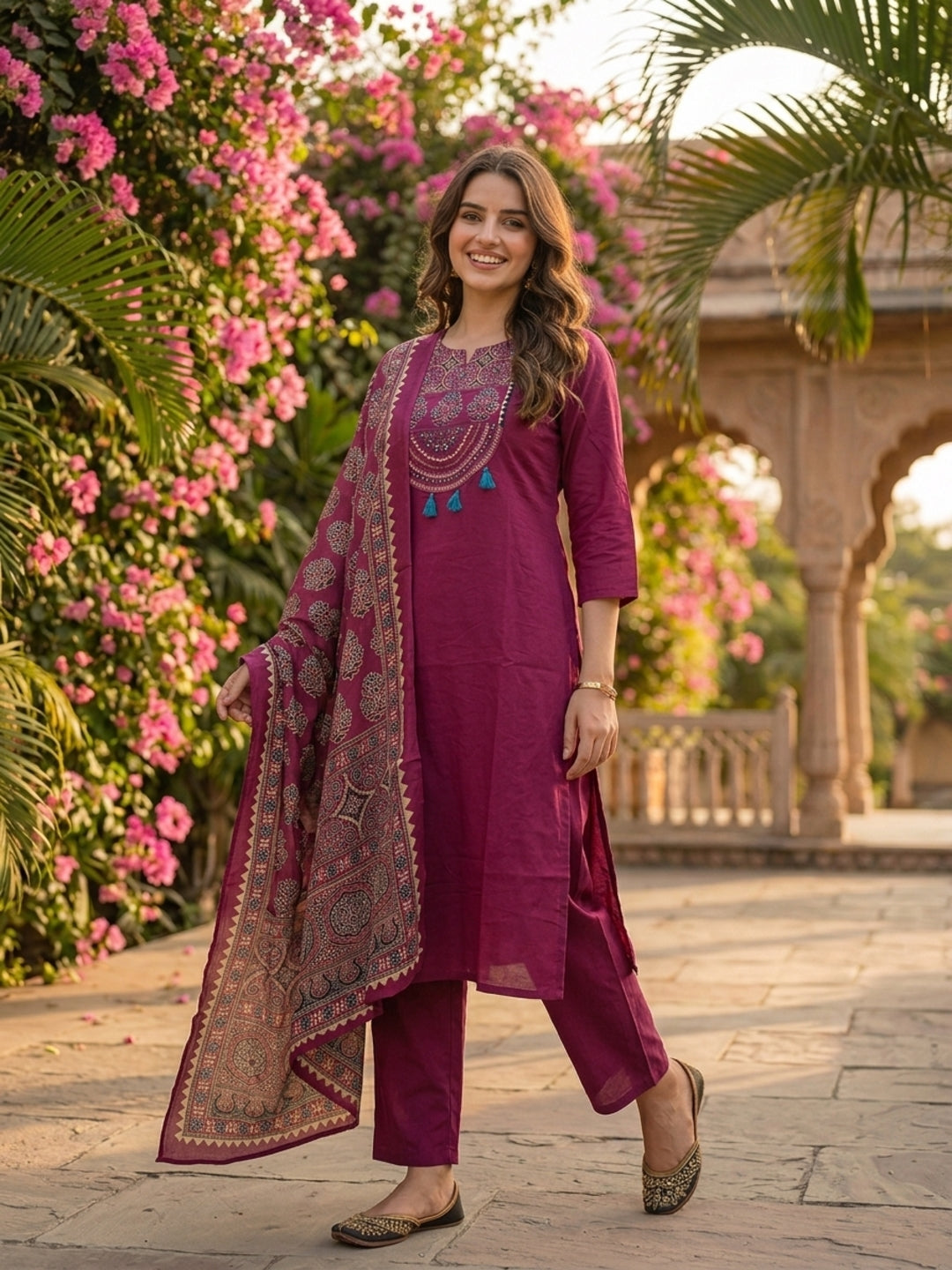 Magenta Ethnic Embroidered Solid Straight Kurta with Pant & Printed Dupatta
