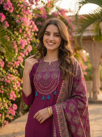 Magenta Ethnic Embroidered Solid Straight Kurta with Pant & Printed Dupatta