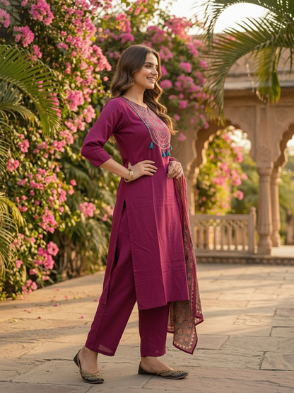 Magenta Ethnic Embroidered Solid Straight Kurta with Pant & Printed Dupatta
