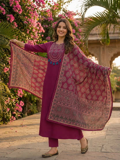 Magenta Ethnic Embroidered Solid Straight Kurta with Pant & Printed Dupatta