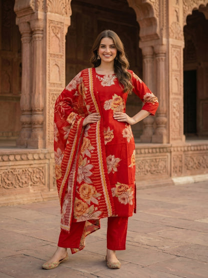 Red Floral Printed Mirror Embroidered Straight Kurta with Pant & Dupatta