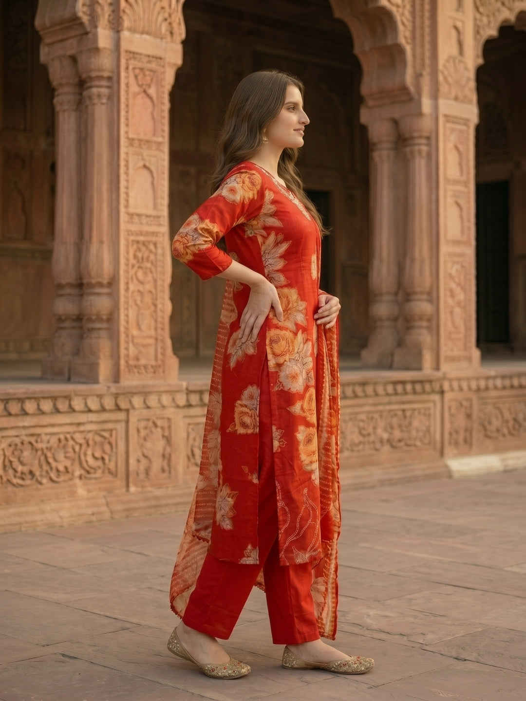 Red Floral Printed Mirror Embroidered Straight Kurta with Pant & Dupatta
