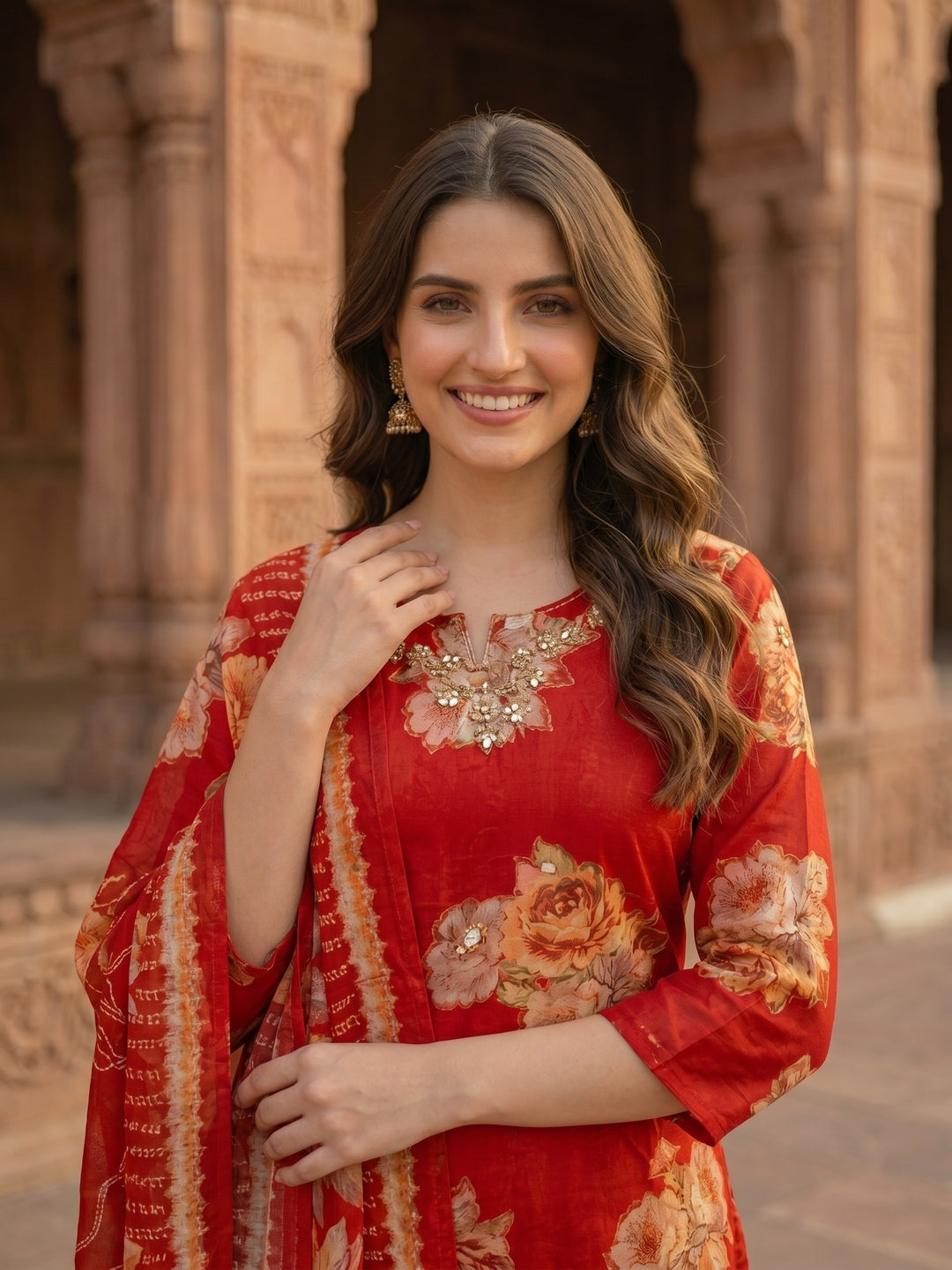 Red Floral Printed Mirror Embroidered Straight Kurta with Pant & Dupatta