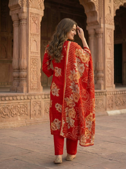 Red Floral Printed Mirror Embroidered Straight Kurta with Pant & Dupatta
