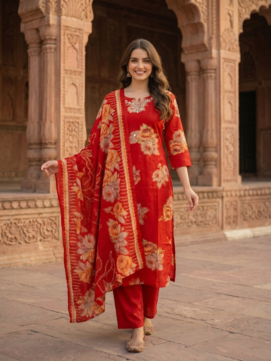 Red Floral Printed Mirror Embroidered Straight Kurta with Pant & Dupatta