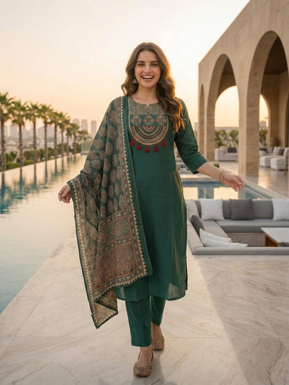 Green Ethnic Embroidered Solid Straight Kurta with Pant & Printed Dupatta
