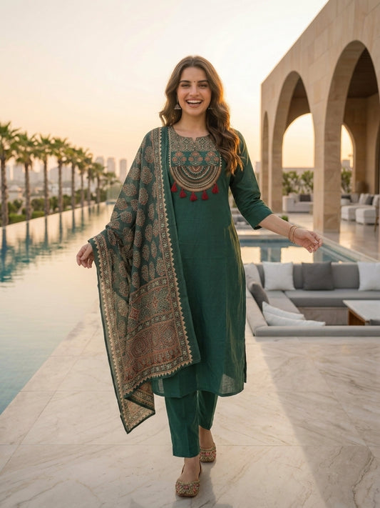 Green Ethnic Embroidered Solid Straight Kurta with Pant & Printed Dupatta